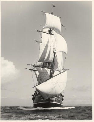 1978 Bounty replica under sail during sea trials, photographed by Clifford W. Hawkins, ca. 1979.
